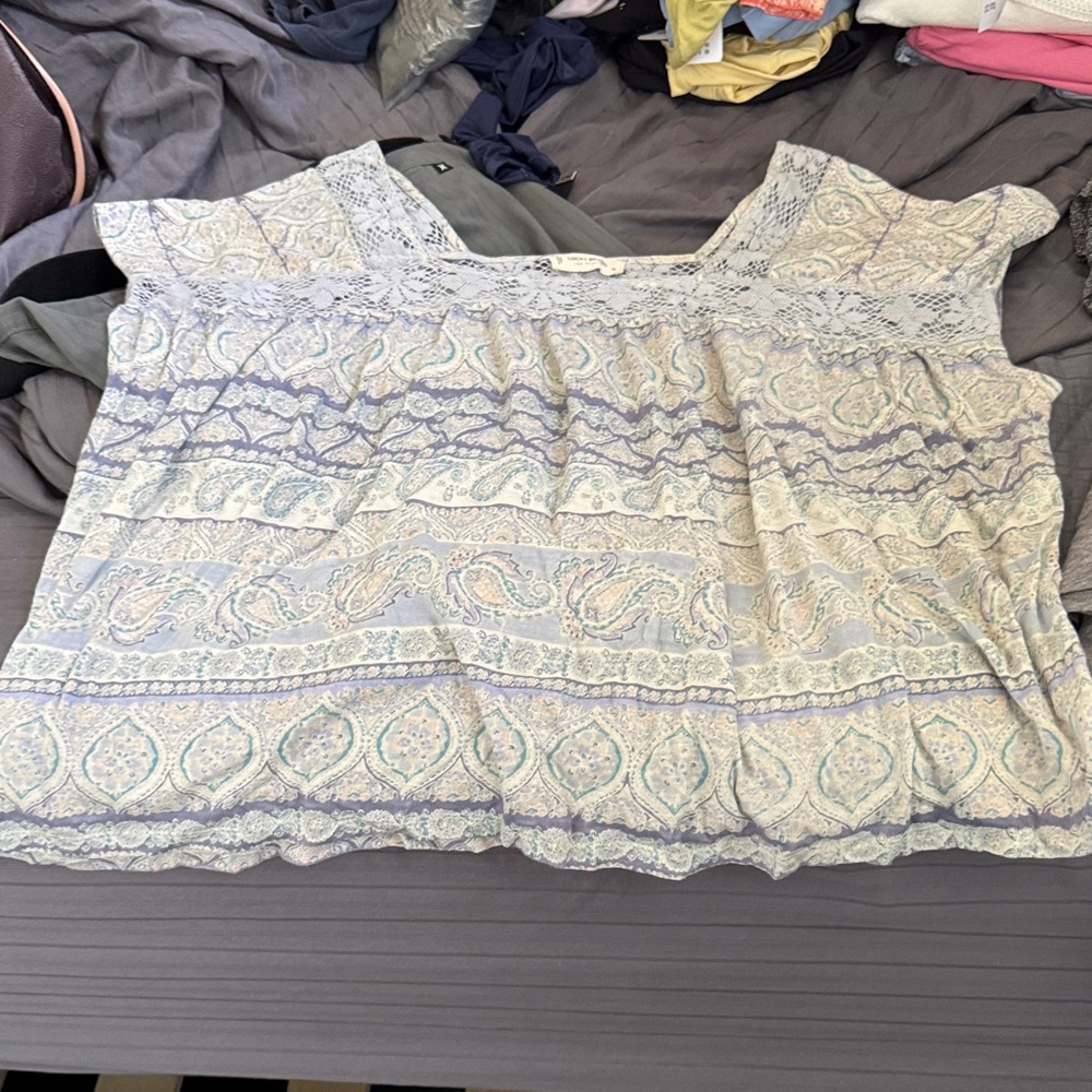 Lucky Brand Lace Trim Paisley Blouse - Cream and Gray NWOT